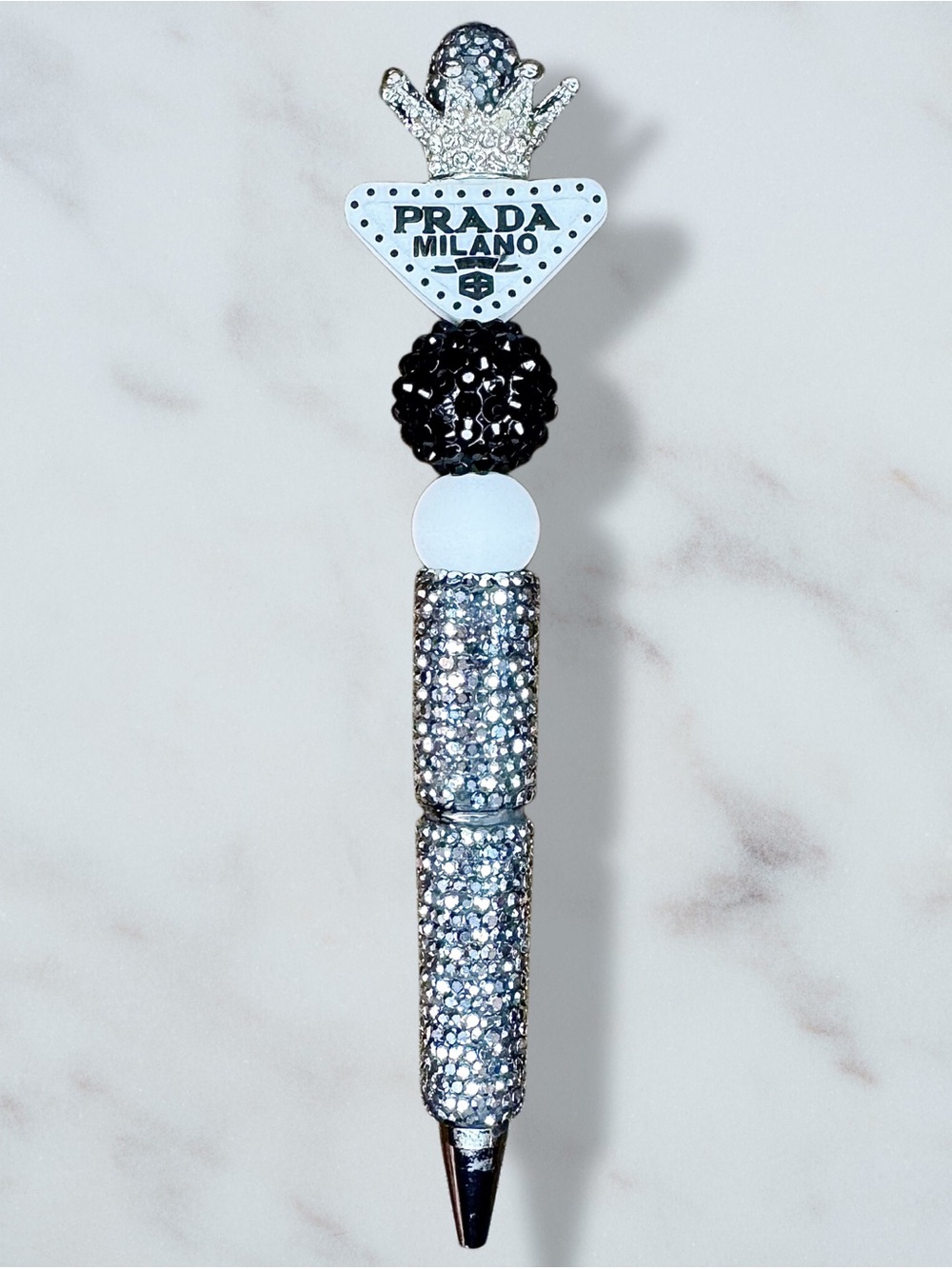 Fashion Prada White, Black & Silver Tiara Rhinestone Twist Pen